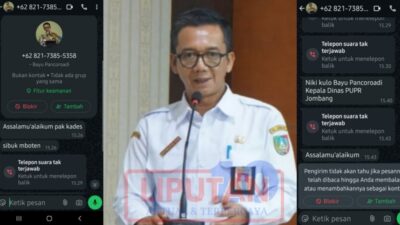 Modus penipuan nomor WhatsApp (WA) mengatasnamakan Kepala Dinas PUPR Jombang, Bayu Pancorodi