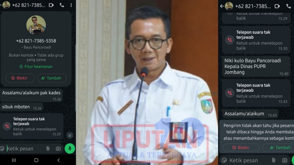 Modus penipuan nomor WhatsApp (WA) mengatasnamakan Kepala Dinas PUPR Jombang, Bayu Pancorodi